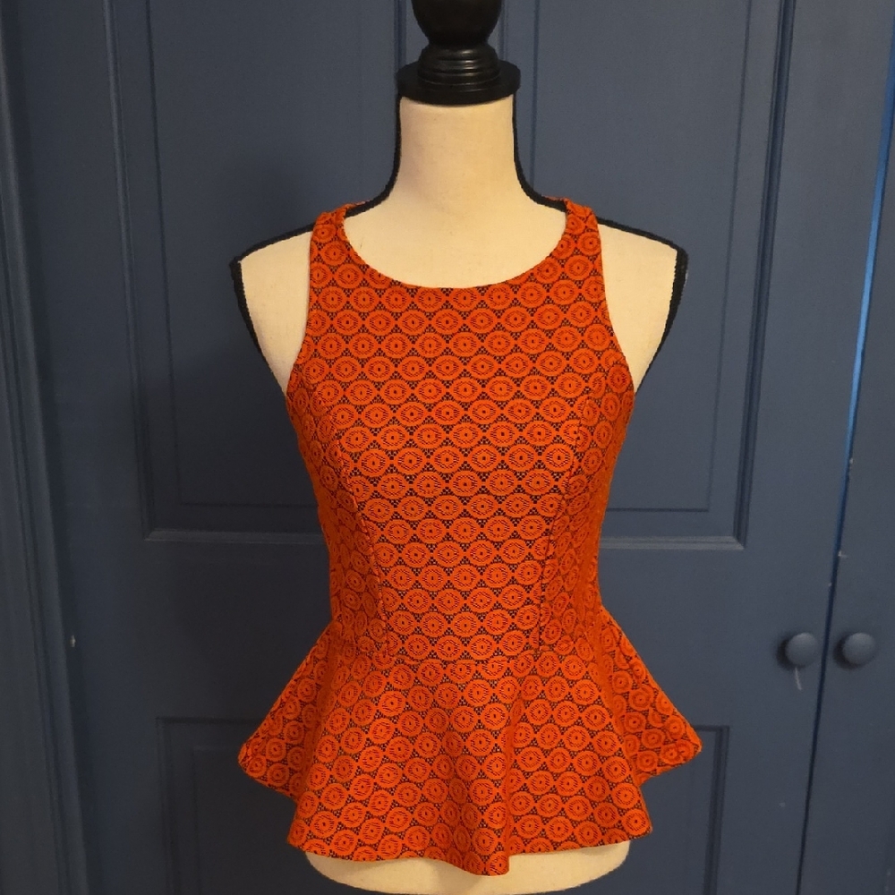 NWOT ASOS Red And Black Geometric Fitted Peplum Sleeveless Blouse Sz 4